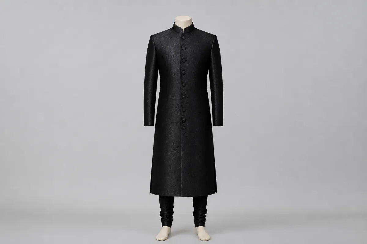 Black Silk Sherwani – Men's Black Silk Formal Sherwani + Churidar | Custom Tailored