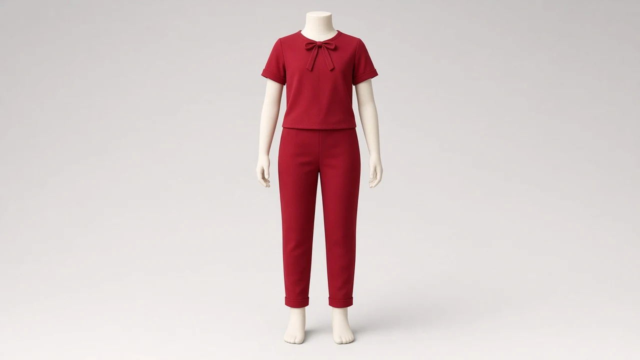Cherry Red Bow Neck Trouser Co-ord - Girls Bow Neck Top with Tapered Trousers | Custom Tailored