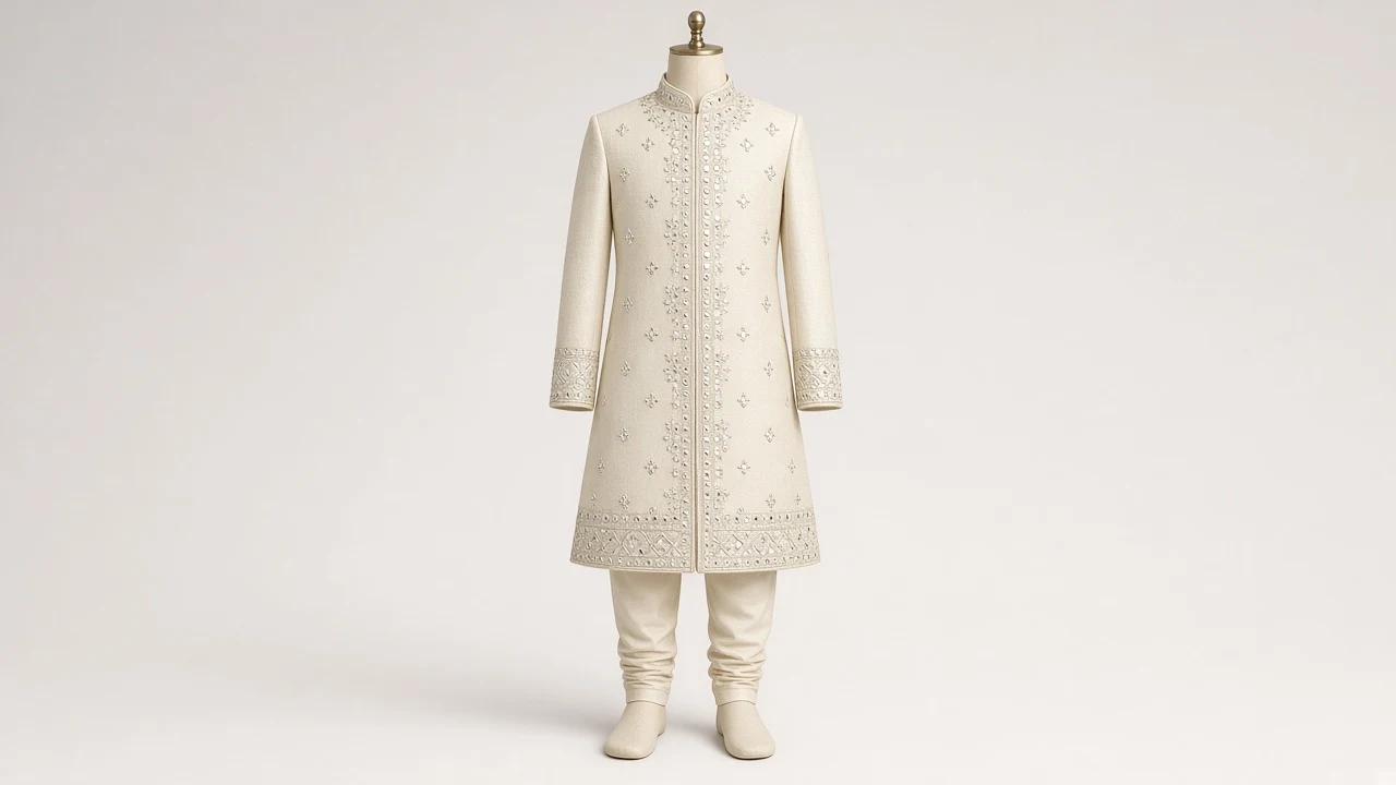 Ivory Mirror Work Festive Sherwani – Boys' Ivory Mirror Work Festive Sherwani + Churidar | Custom Tailored Kids