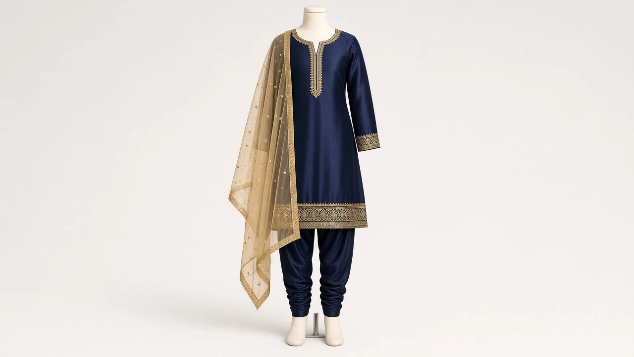 Midnight Navy Churidar Kameez – Girls Navy Silk with Gold Temple Border | Custom Tailored Kids