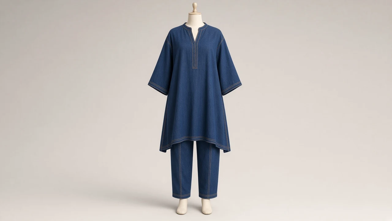 Indigo Denim Look Kaftan Set – Indigo Soft Denim Kaftan with Matching Trousers | Custom Tailored