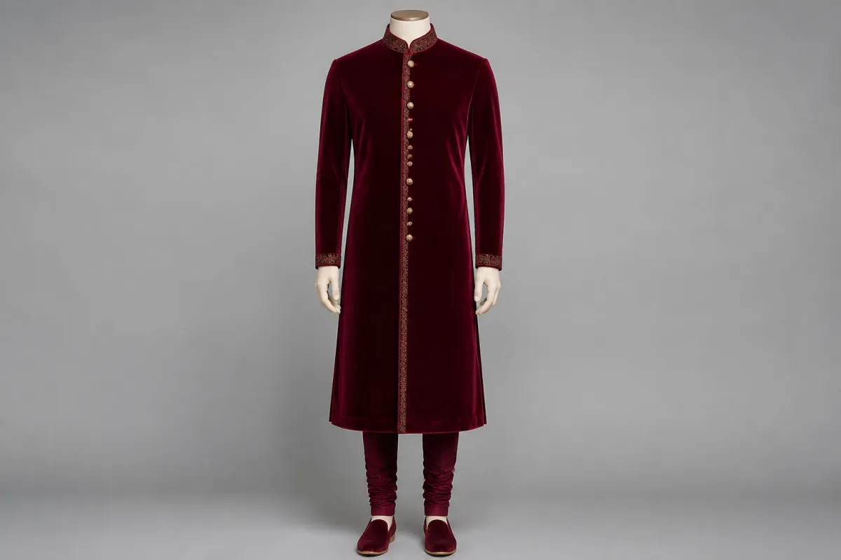 Wine Velvet Sherwani – Men's Wine Velvet Festive Sherwani + Churidar | Custom Tailored