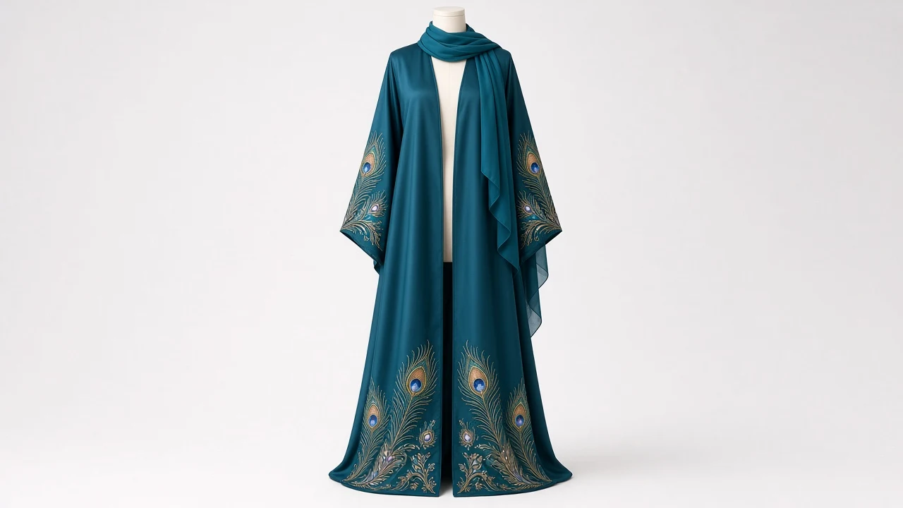 Teal Blue Peacock Abaya – Teal Abaya with Peacock Feather Motif Embroidery | Custom Tailored
