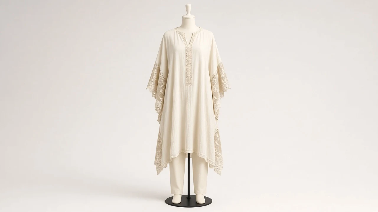 Off-White Lace Insert Kaftan Set – Off-White Kaftan with Lace Panels and Cream Trousers | Custom Tailored