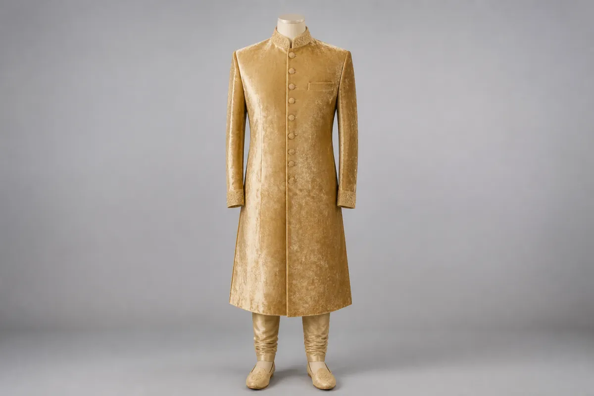 Gold Velvet Sherwani – Men's Gold Velvet Wedding Sherwani + Churidar | Custom Tailored