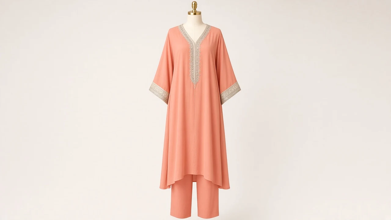 Coral Peach Embellished Kaftan Set – Coral Peach Stone-Work Kaftan with Peach Trousers | Custom Tailored