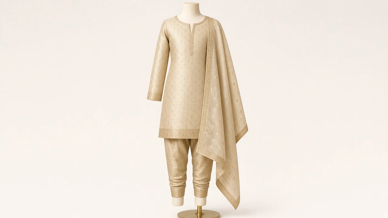 Champagne Tissue Churidar Kameez – Girls Gold Tissue Brocade Festive Set | Custom Tailored Kids