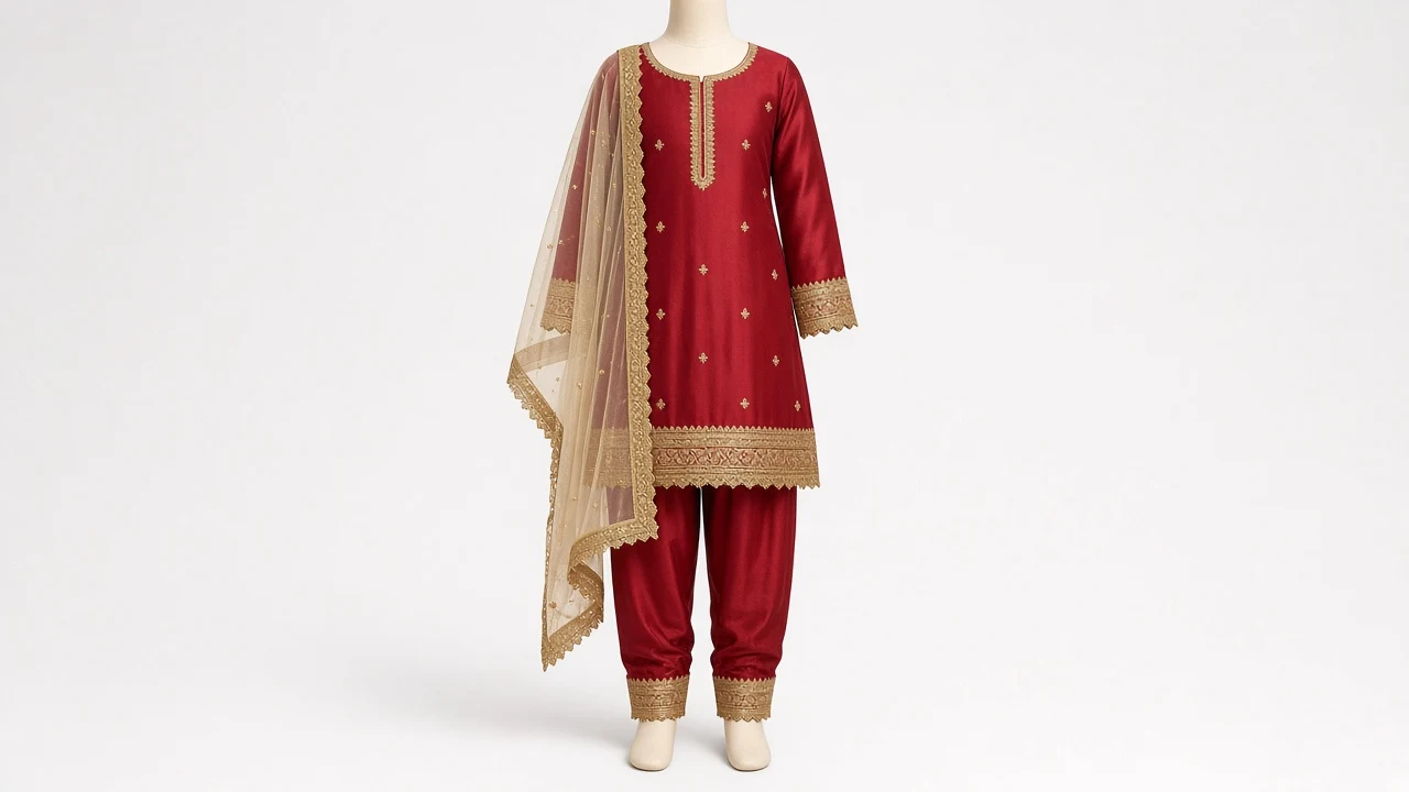 Tomato Red Gota Lace Salwar Kameez – Girls Bright Red Silk with Gota | Custom Tailored Kids