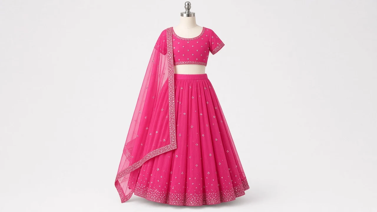 Pink Sequin Birthday Lehenga – Girls Hot Pink Sequin Party Lehenga with Choli & Dupatta | Custom Tailored