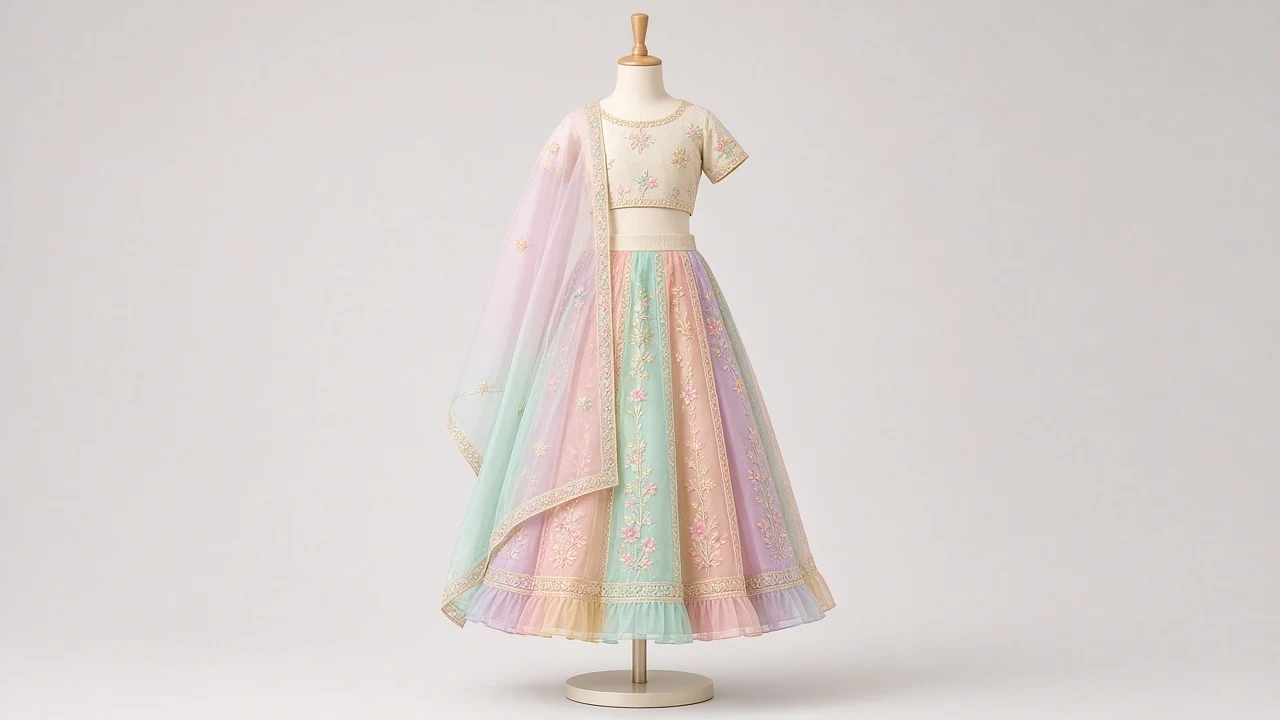 Pastel Rainbow Organza Lehenga – Girls Pastel Multicolor Organza Festive Lehenga | Custom Tailored