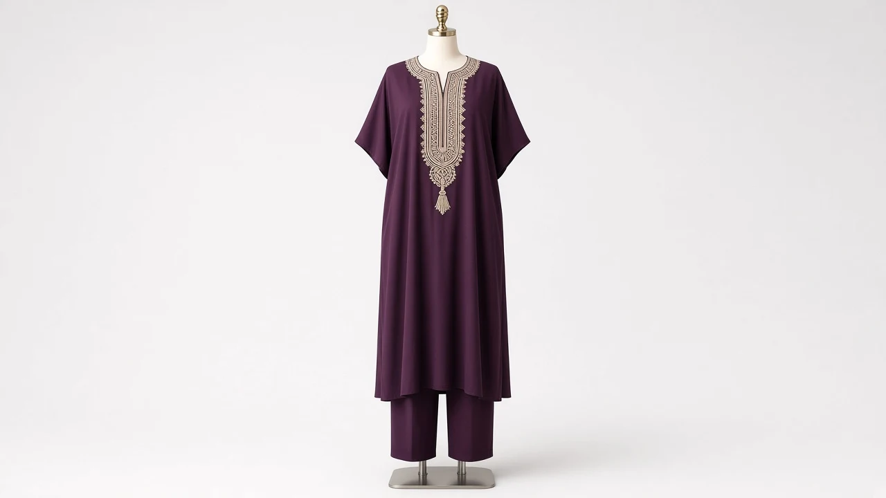 Purple Moroccan Style Kaftan Set – Plum Moroccan Embroidery Kaftan with Trousers | Custom Tailored