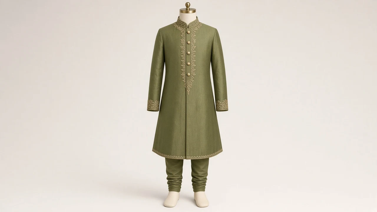 Olive Silk Eid Sherwani – Boys' Olive Silk Eid Sherwani + Churidar | Custom Tailored Kids