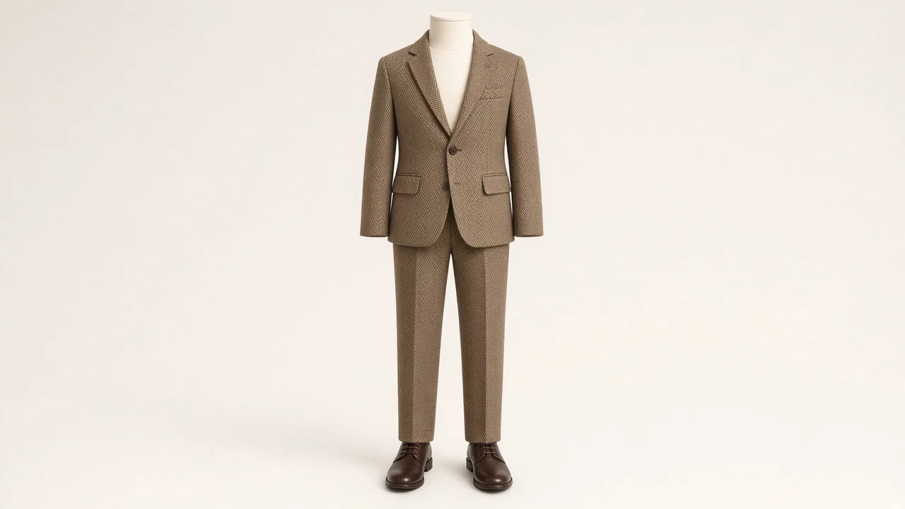 Brown Herringbone Suit – Boys' Brown Herringbone Blazer + Trousers | Custom Tailored Kids