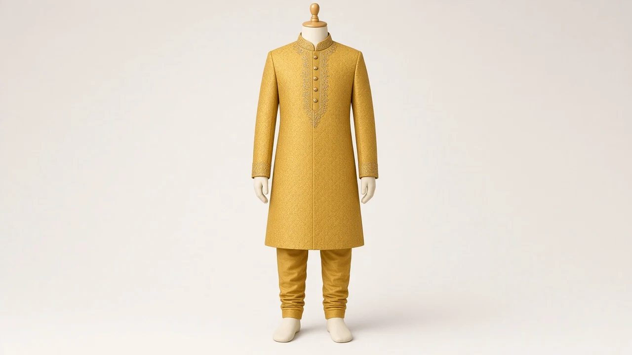Mustard Brocade Festive Sherwani – Boys' Mustard Brocade Festive Sherwani + Churidar | Custom Tailored Kids
