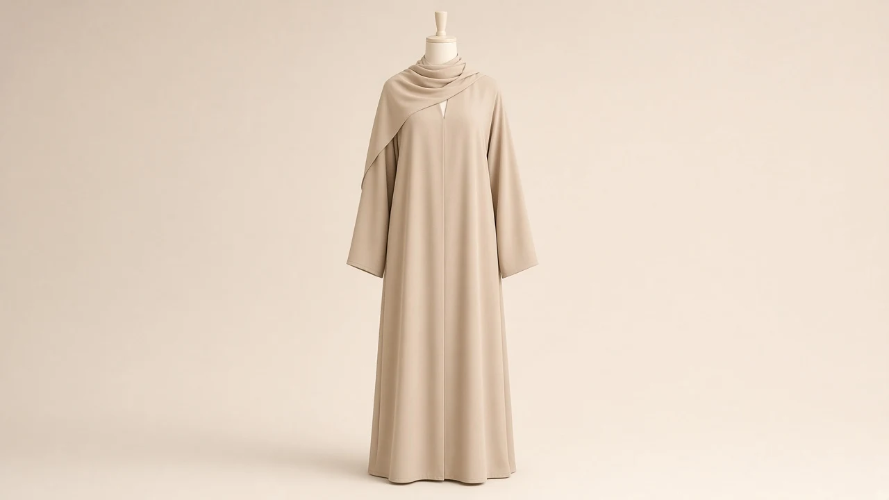 Beige Minimalist Closed Abaya – Soft Beige Closed-Neck Everyday Abaya | Custom Tailored