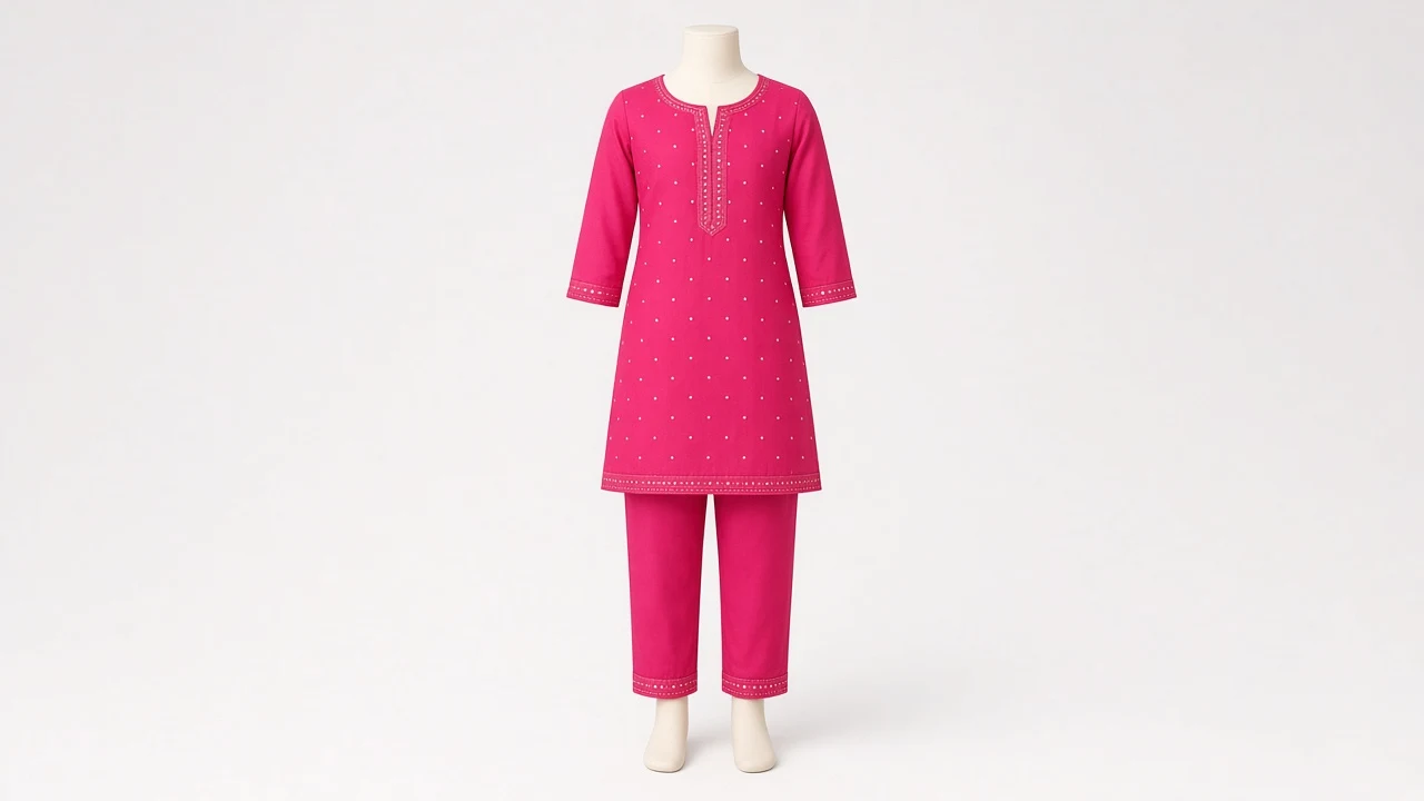 Hot Pink Party Kurti Set – Girls Hot Pink Sequined Kurti with Pants | Custom Tailored