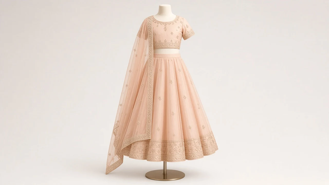 Peach Pastel Wedding Guest Lehenga – Girls Soft Peach Organza Lehenga | Custom Tailored