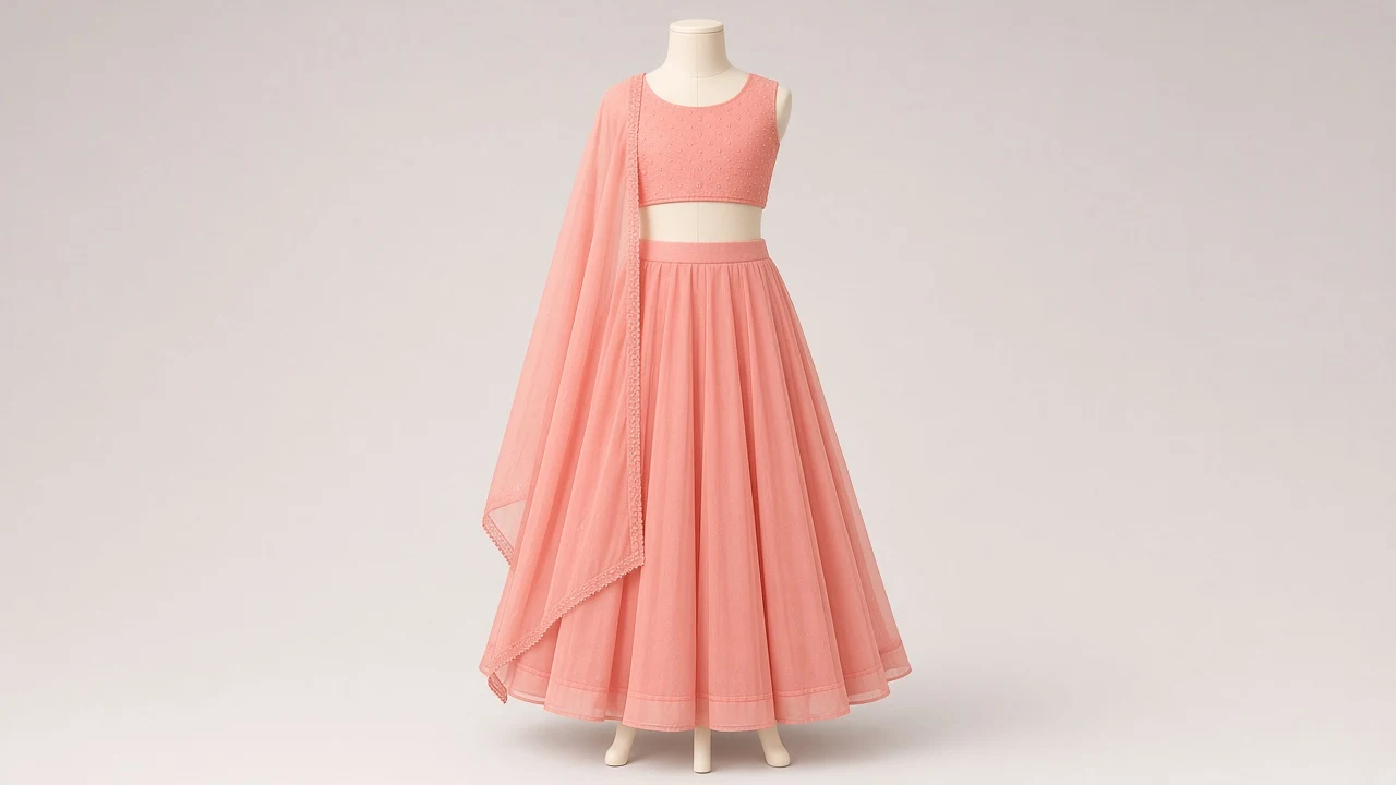 Coral Georgette Party Lehenga – Girls Coral Pink Georgette Lehenga for Parties | Custom Tailored