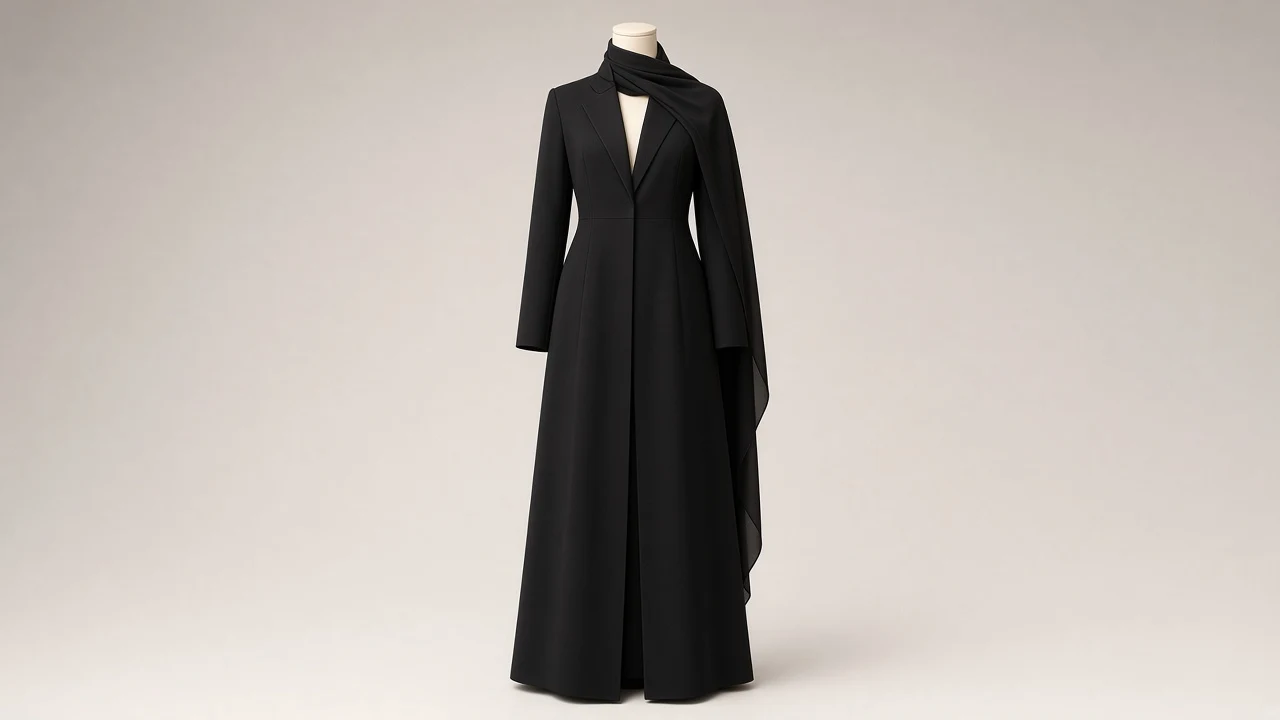 Black Prince Coat Abaya – Formal Black Abaya with Structured Prince Coat Overlay | Custom Tailored