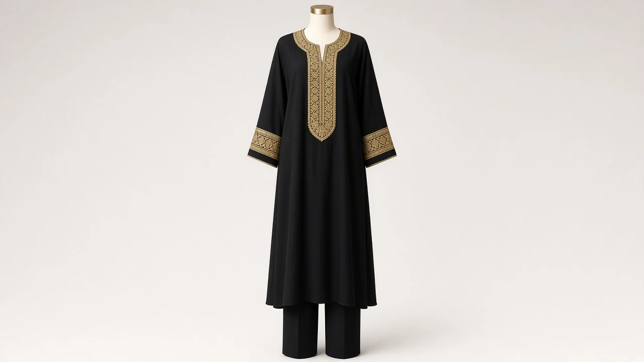 Black Gold Threadwork Kaftan Set – Black Kaftan with Gold Zari Placket and Black Trousers | Custom Tailored