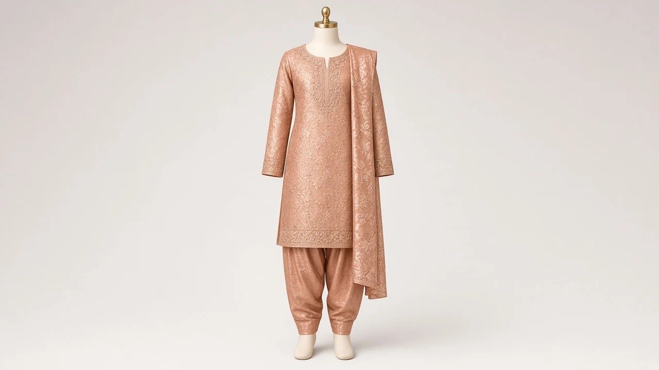 Copper Tissue Jaal Salwar Kameez – Girls Rose-Gold Metallic Brocade Set | Custom Tailored Kids