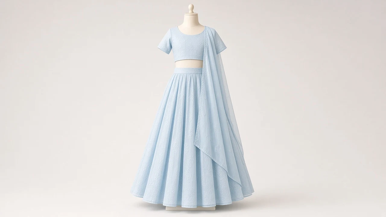 Powder Blue Georgette Birthday Lehenga – Girls Icy Blue Party Lehenga | Custom Tailored
