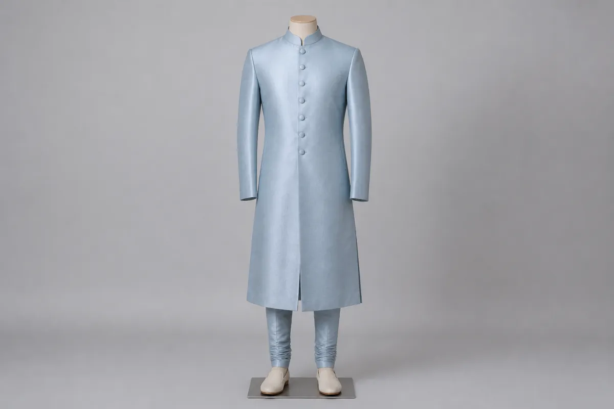 Powder Blue Silk Sherwani – Men's Powder Blue Silk Festive Sherwani + Churidar | Custom Tailored