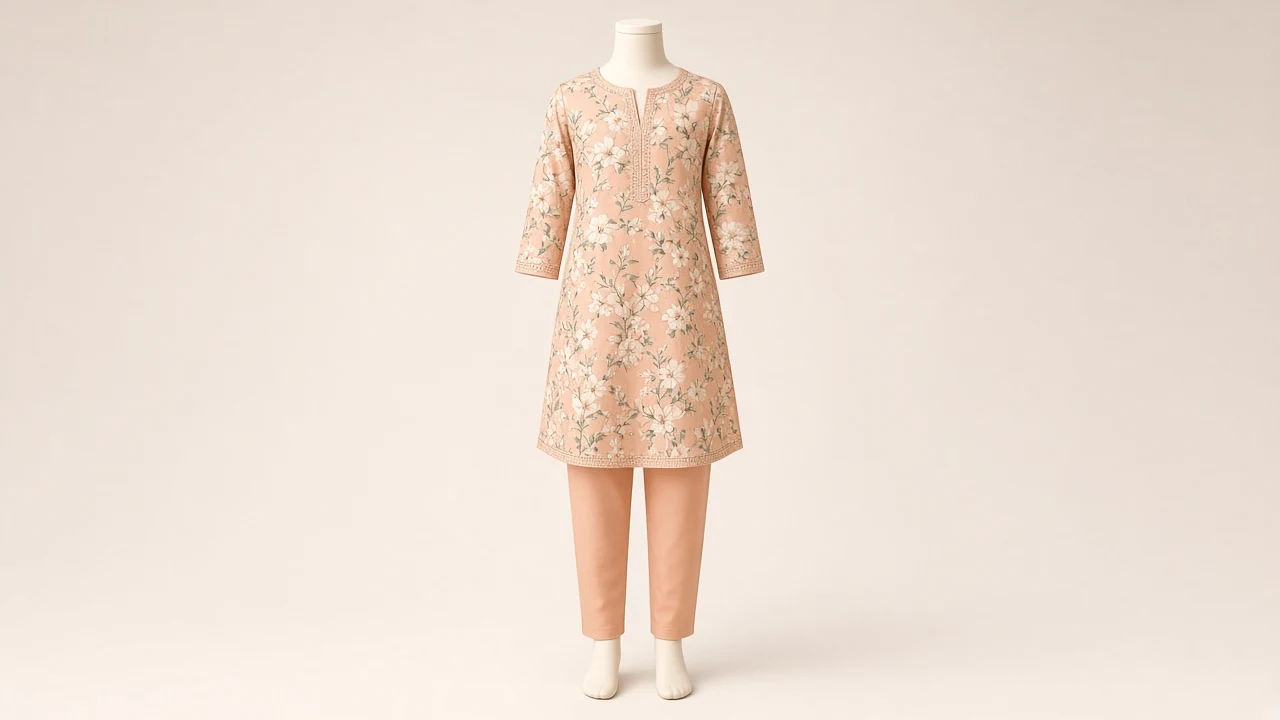 Peach Floral Printed Kurti Set – Girls Soft Peach Floral Kurti with Pants | Custom Tailored