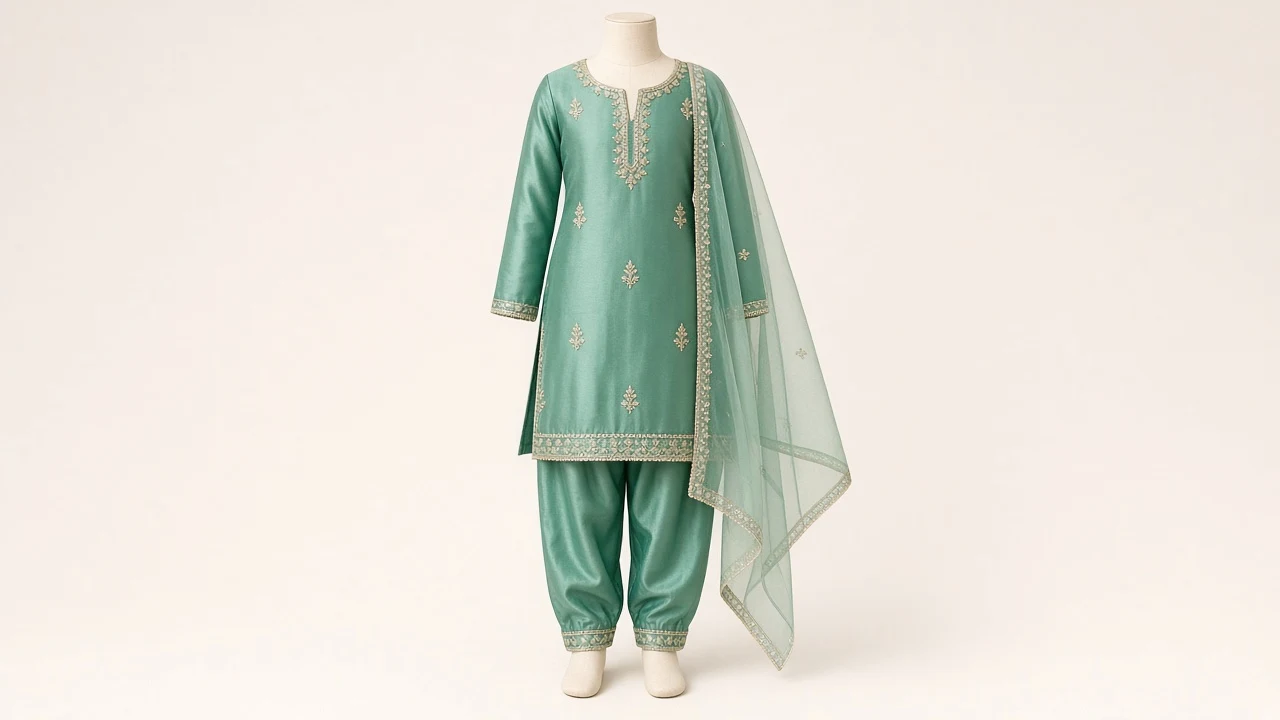 Jade Green Kundan Festive Salwar Kameez – Girls Jade Silk with Light Kundan Work | Custom Tailored Kids