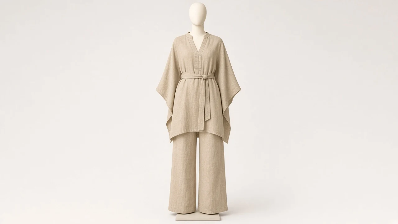 Sand Linen Belted Kaftan Set – Sand Linen Belted Kaftan with Wide Trousers | Custom Tailored