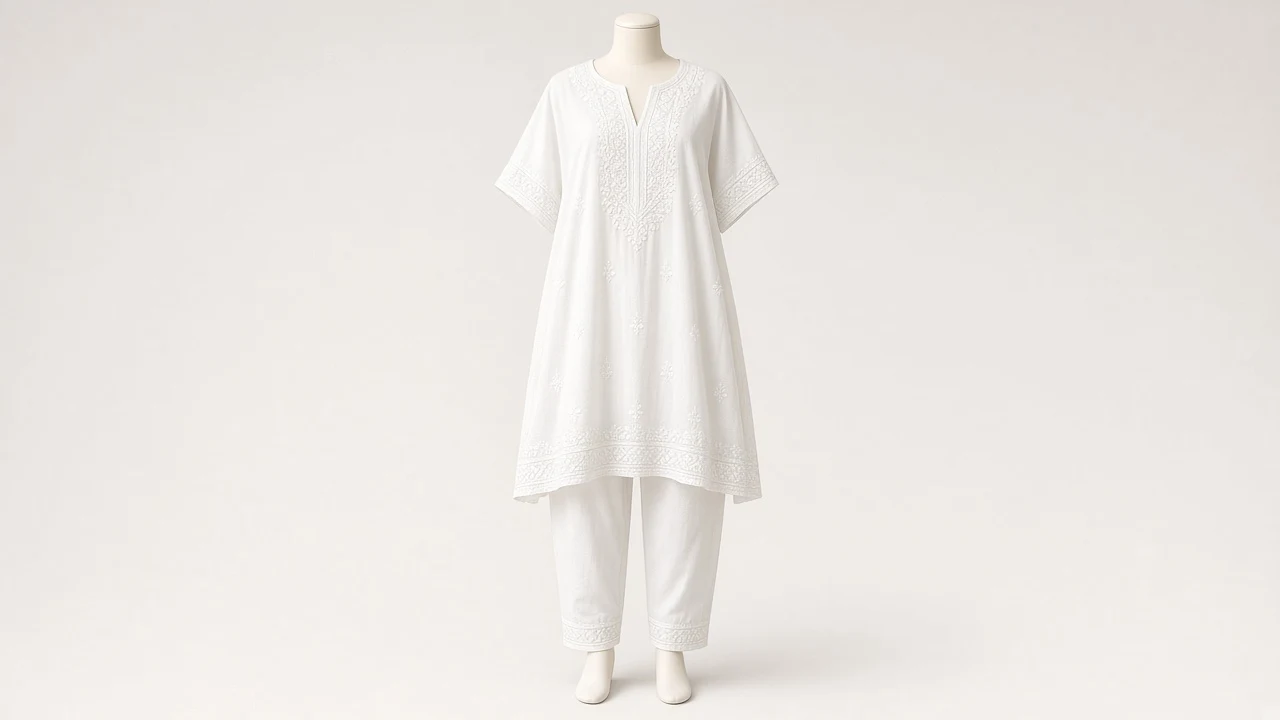 White Chikankari Kaftan Set – White Lucknowi Chikankari Kaftan with White Trousers | Custom Tailored