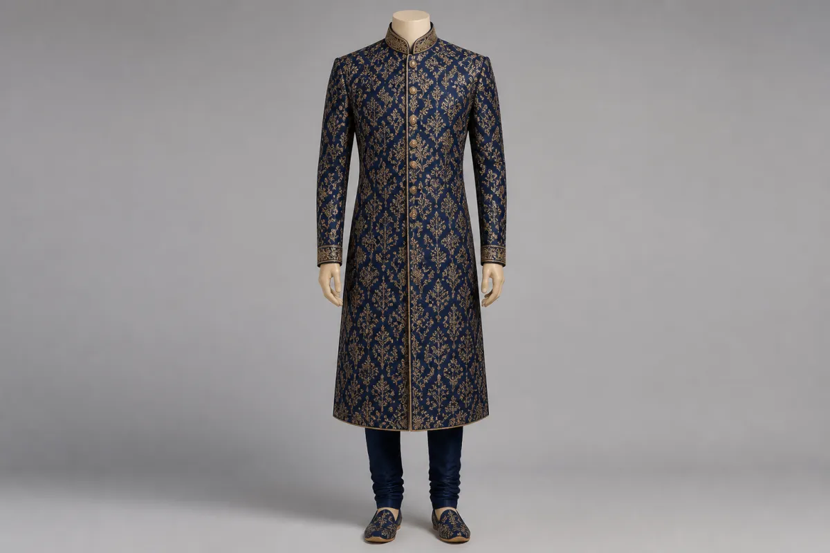 Navy Zari Sherwani – Men's Navy Zari Festive Sherwani + Churidar | Custom Tailored