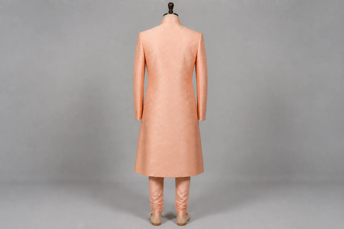 Peach Silk Sherwani – Men's Peach Silk Festive Sherwani + Churidar | Custom Tailored