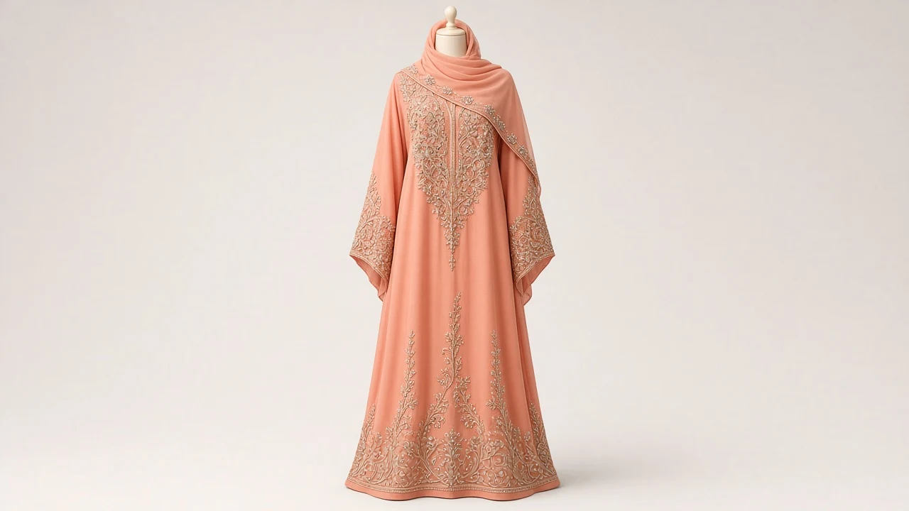 Coral Peach Wedding Abaya – Peach Abaya with Heavy Hand Zardozi Embroidery | Custom Tailored