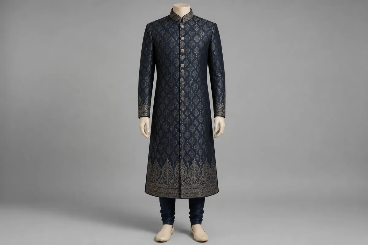 Navy Banarasi Sherwani – Men's Navy Banarasi Festive Sherwani + Churidar | Custom Tailored