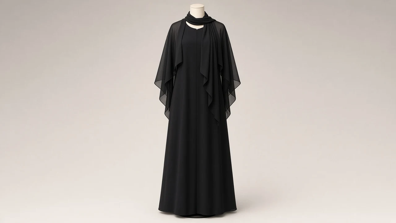 Black Shrug Layered Abaya – Two-Piece Black Abaya with Attached Shrug Overlay | Custom Tailored