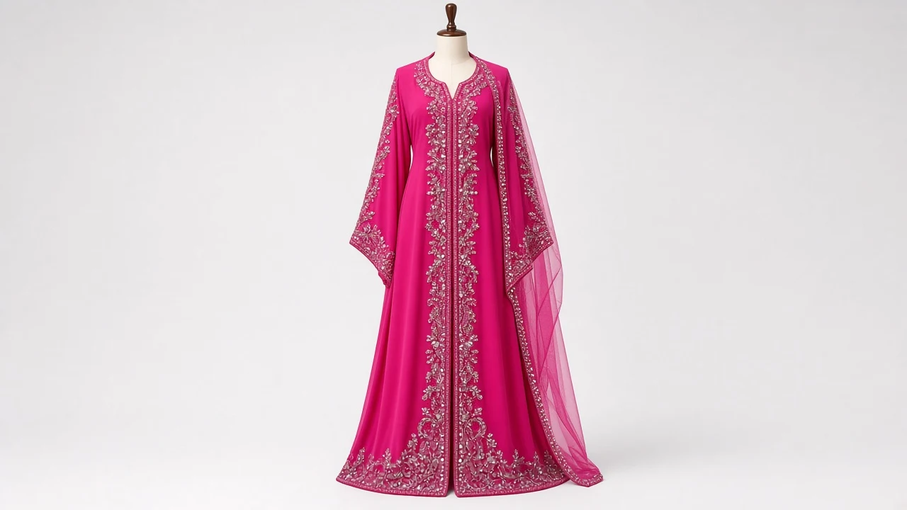 Hot Pink Stone Work Abaya – Fuchsia Pink Heavy Stone Embellished Party Abaya | Custom Tailored