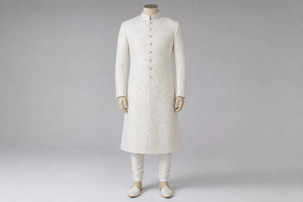 White Brocade Sherwani – Men's White Brocade Festive Sherwani + Churidar | Custom Tailored