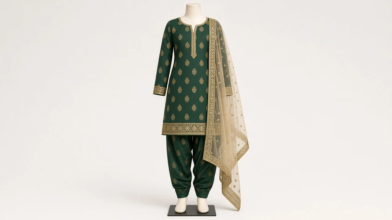 Forest Green Banarasi Salwar Kameez – Girls Silk Brocade with Gold Butis | Custom Tailored Kids