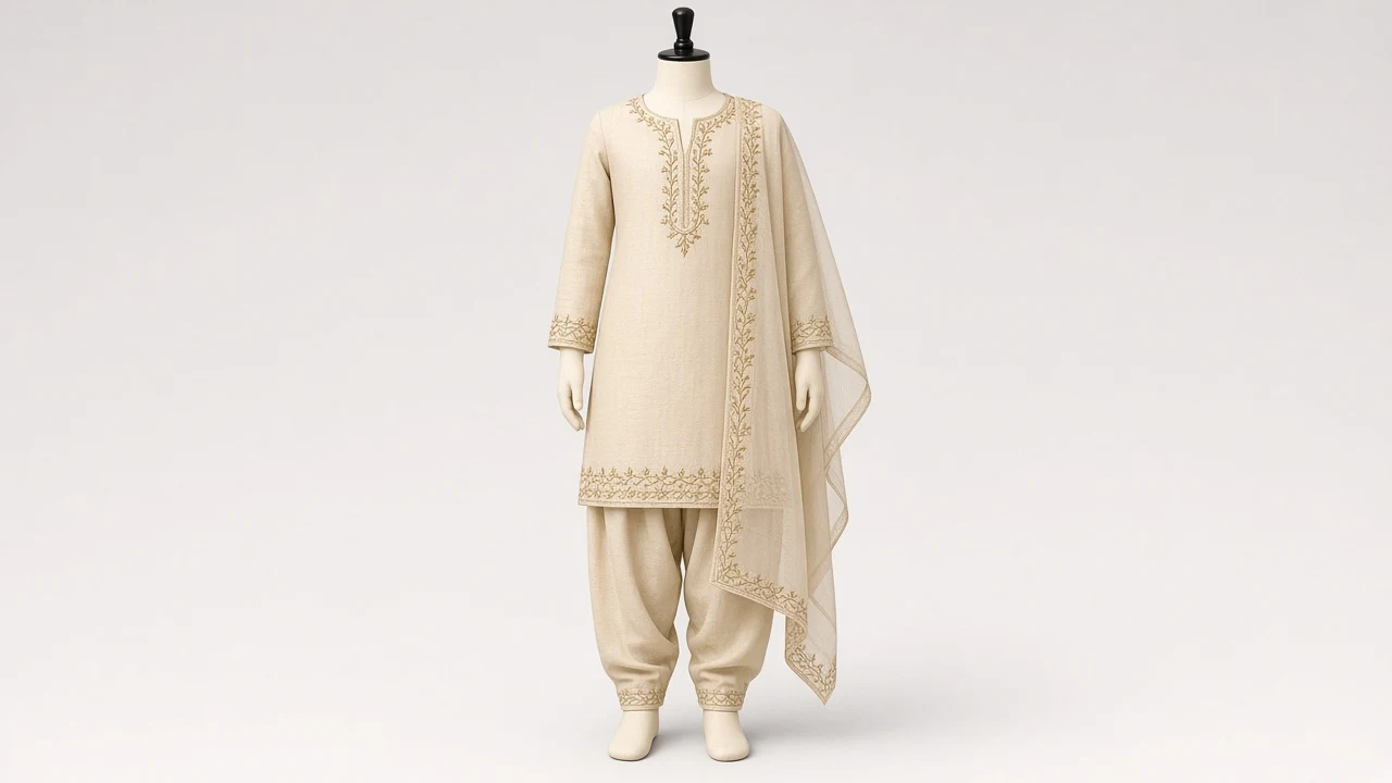 Sand Beige Dori Work Salwar Kameez – Girls Raw Silk with Cord Embroidery | Custom Tailored Kids