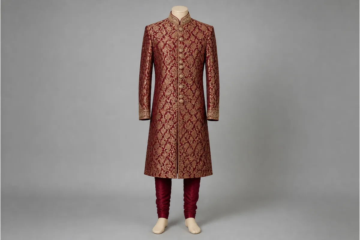 Maroon Zari Sherwani – Men's Maroon Zari Wedding Sherwani + Churidar | Custom Tailored