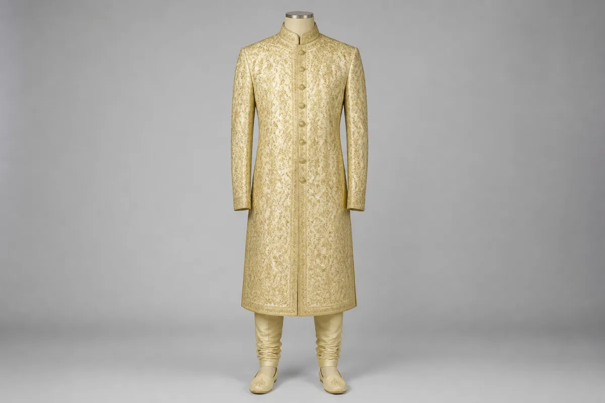 Gold Zari Sherwani – Men's Gold Zari Wedding Sherwani + Churidar | Custom Tailored