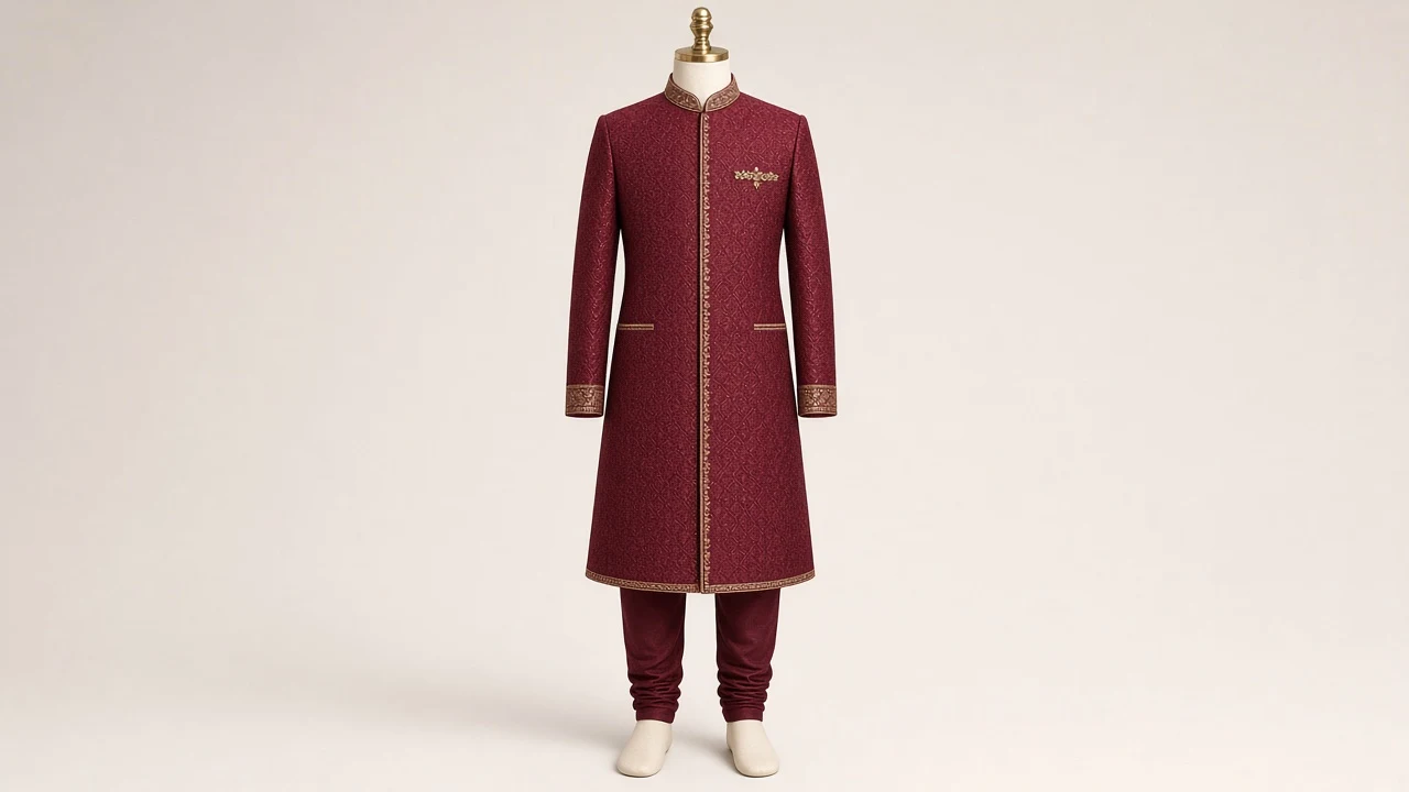 Burgundy Brocade Festive Sherwani – Boys' Burgundy Brocade Sherwani + Churidar | Custom Tailored Kids
