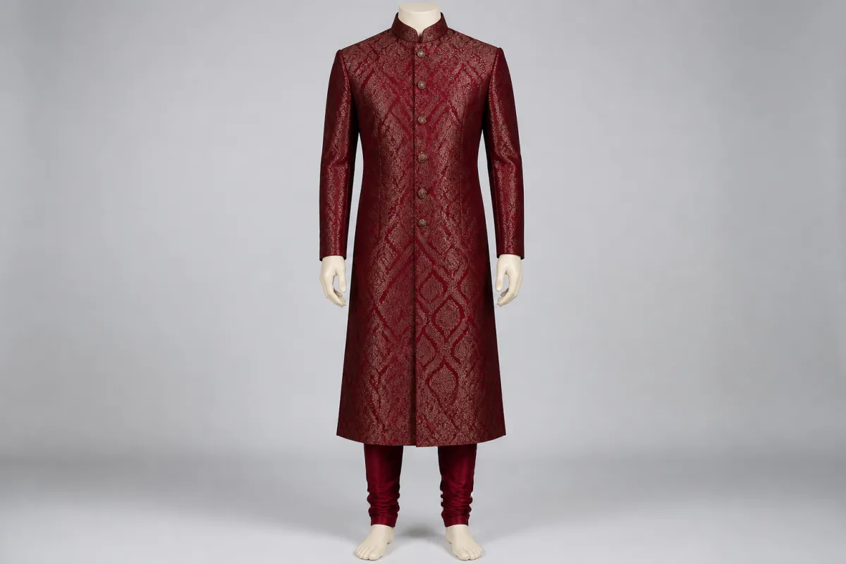 Maroon Banarasi Sherwani – Men's Maroon Banarasi Wedding Sherwani + Churidar | Custom Tailored