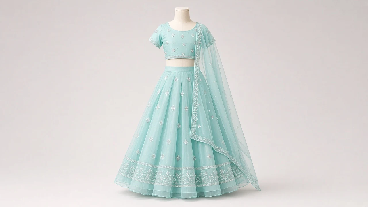 Aqua Blue Organza Lehenga – Girls Sea Aqua Organza Festive Lehenga | Custom Tailored