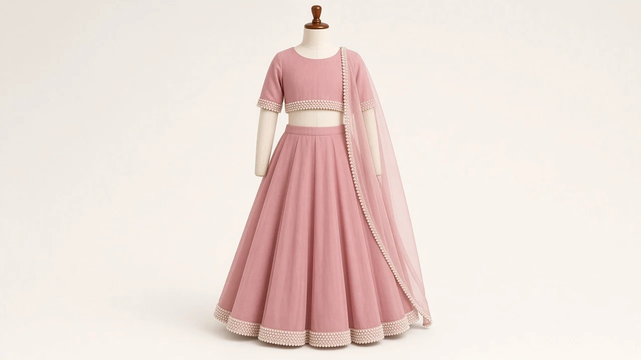 Rose Pink Georgette Birthday Lehenga – Girls Rose Pink Party Lehenga with Pearl Border | Custom Tailored