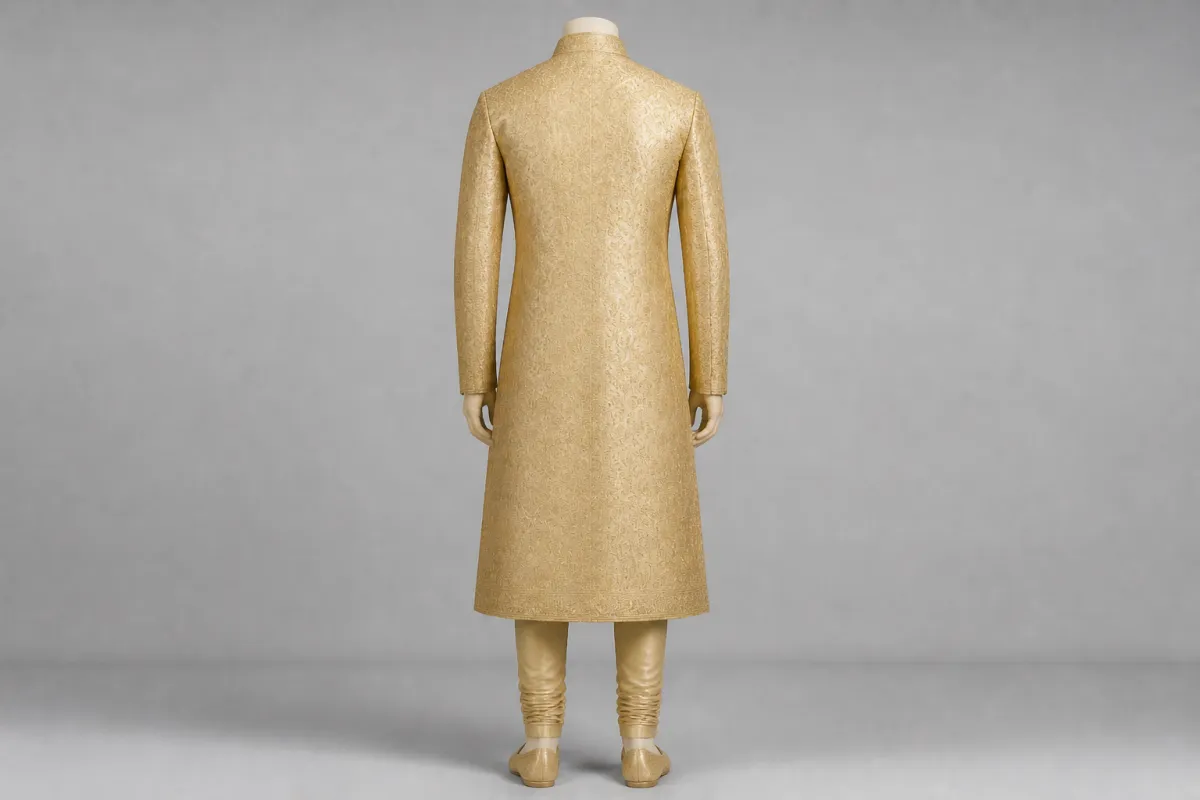 Gold Brocade Sherwani – Men's Gold Brocade Wedding Sherwani + Churidar | Custom Tailored