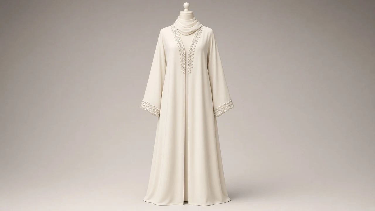 Off-White Pearl Work Abaya – Ivory Nida Abaya with Hand Pearl Beading | Custom Tailored