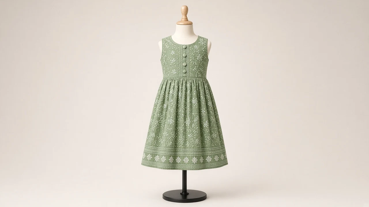 Green Kantha Stitch Frock – Green Kantha Embroidered Kids Frock | Custom Tailored