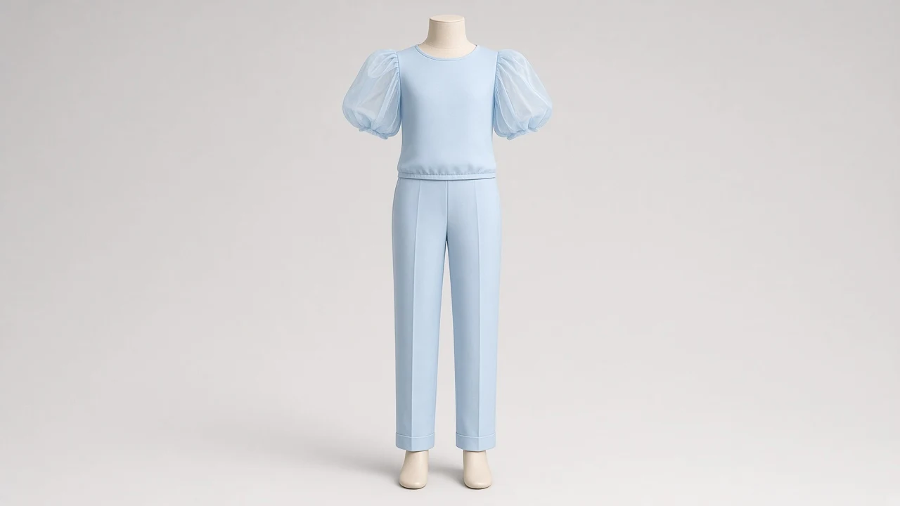 Ice Blue Organza Sleeve Trouser Co-ord - Girls Organza Sleeve Top with Trousers | Custom Tailored